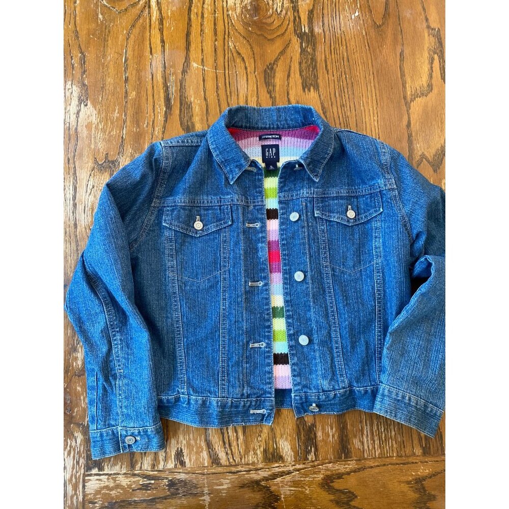 Vintage Girls Gap Denim Jean Jacket With Colorful Stripe Knit Lining Size XL